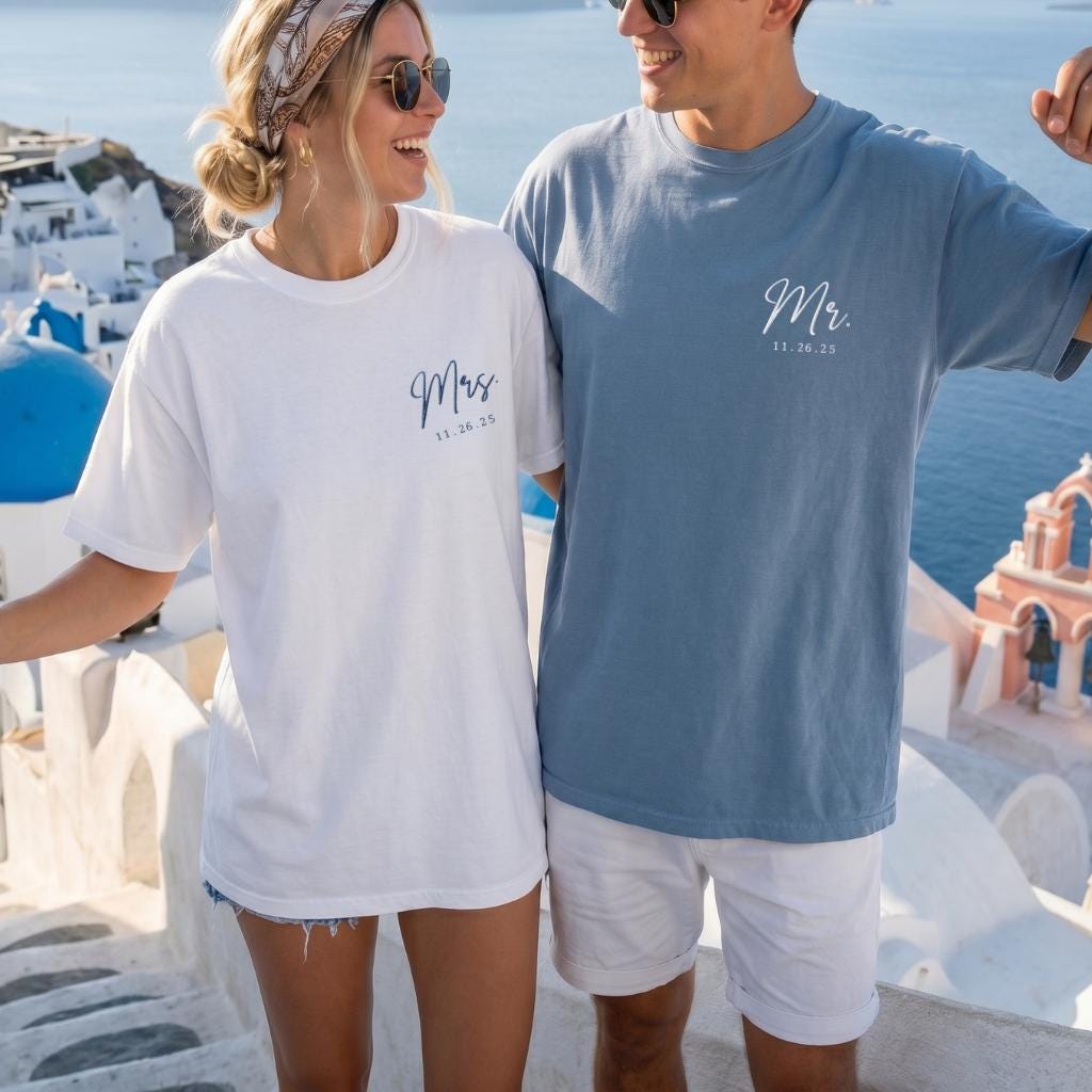 Personalized Mr and Mrs Embroidered Shirt, Custom Wedding Date Comfort Color Tee, Bride Groom Shirts, Newlywed Gift, Honeymoon Couple Shirts