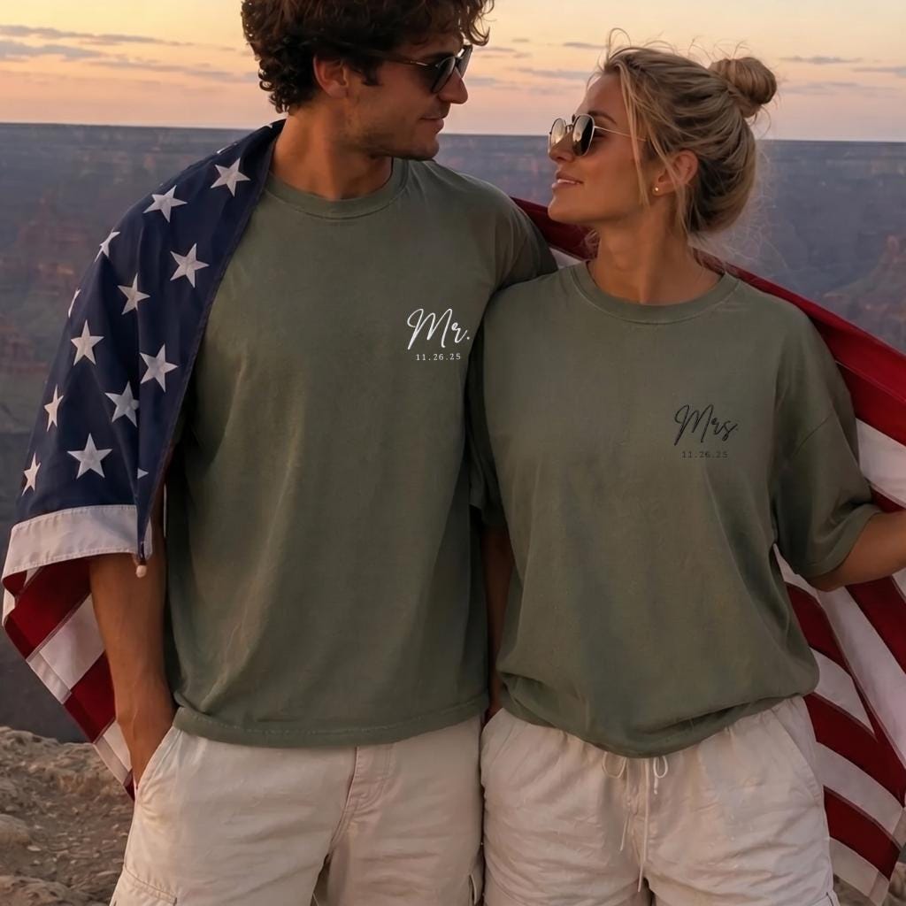 Personalized Mr and Mrs Embroidered Shirt, Custom Wedding Date Comfort Color Tee, Bride Groom Shirts, Newlywed Gift, Honeymoon Couple Shirts
