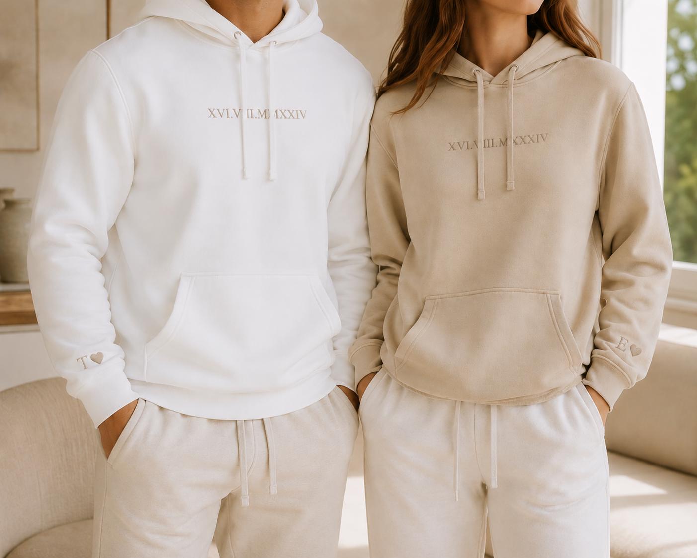 Custom Embroidered Couple Hoodie: Roman Numeral Date, Valentine Gift for boyfriend or girlfriend