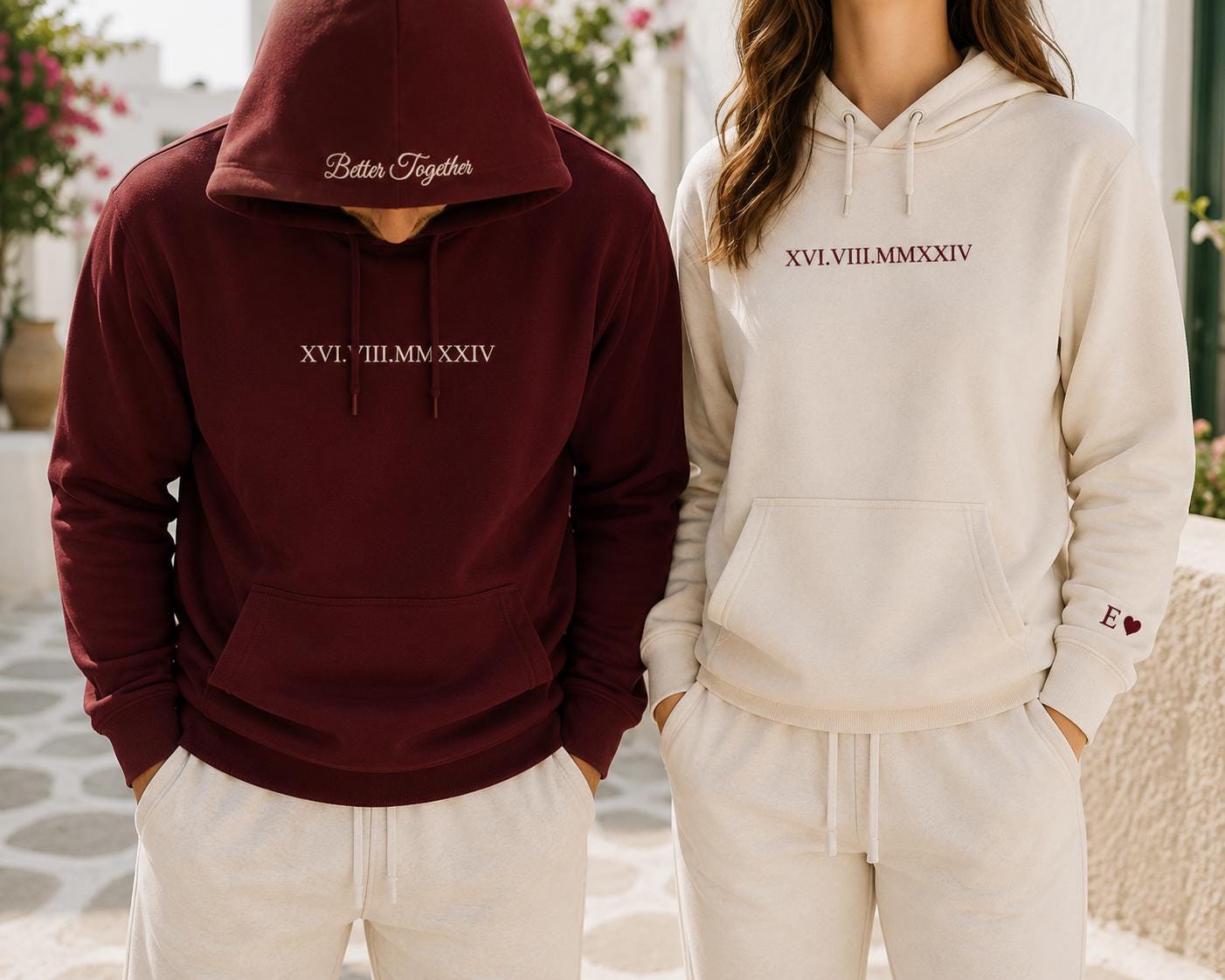 Custom Embroidered Couple Hoodie: Roman Numeral Date, Valentine Gift for boyfriend or girlfriend