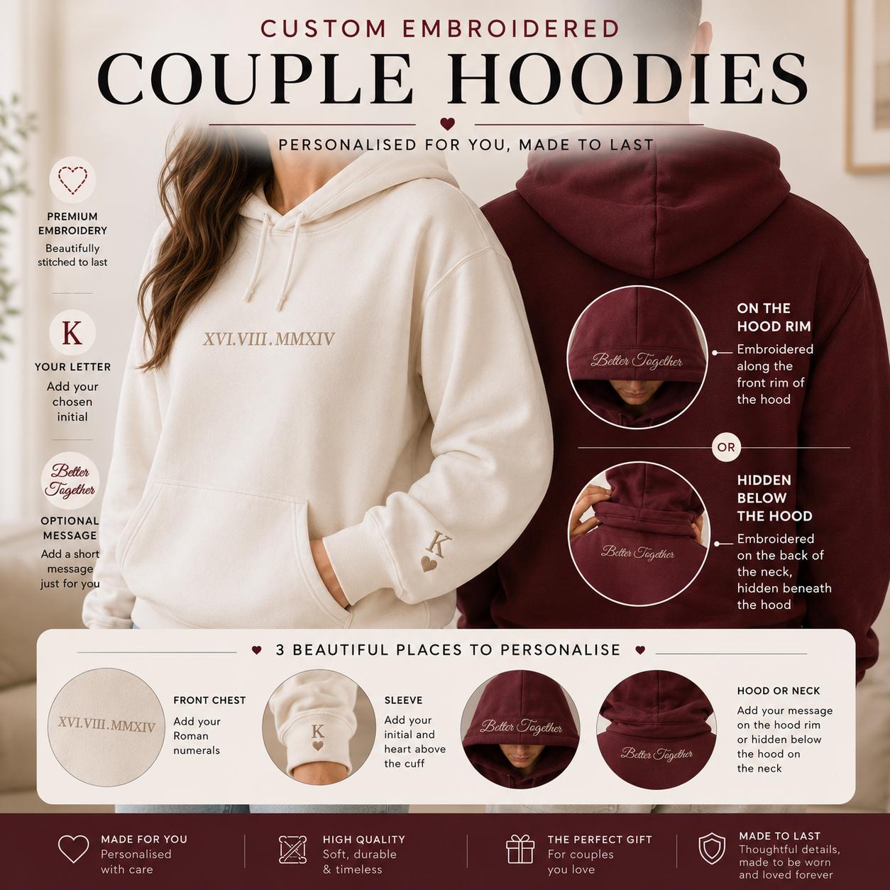 Custom Embroidered Couple Hoodie: Roman Numeral Date, Valentine Gift for boyfriend or girlfriend