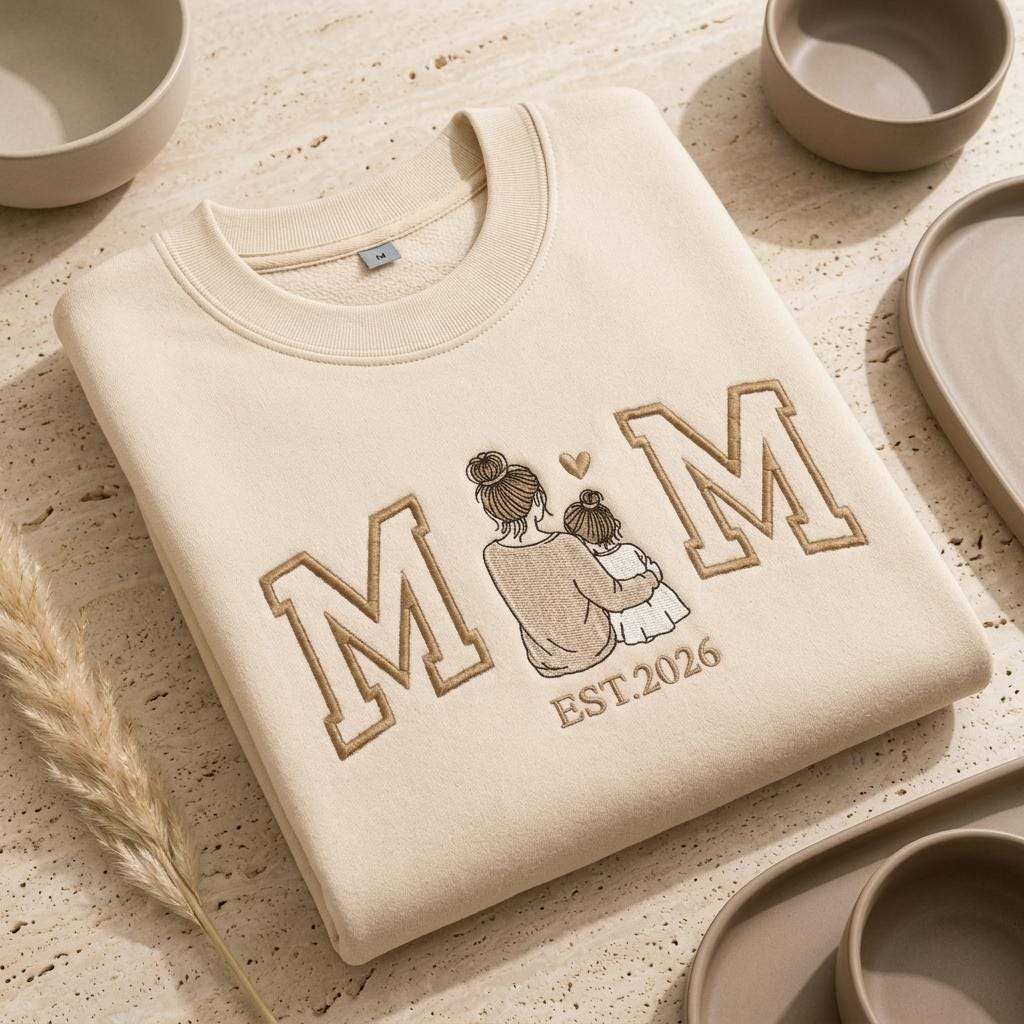 Personalized Mom Embroidered Sweatshirt, Custom Photo Crewneck, Mama Portrait Embroidery Shirt, Varsity Mom Sweatshirt, Mother's Day Gift