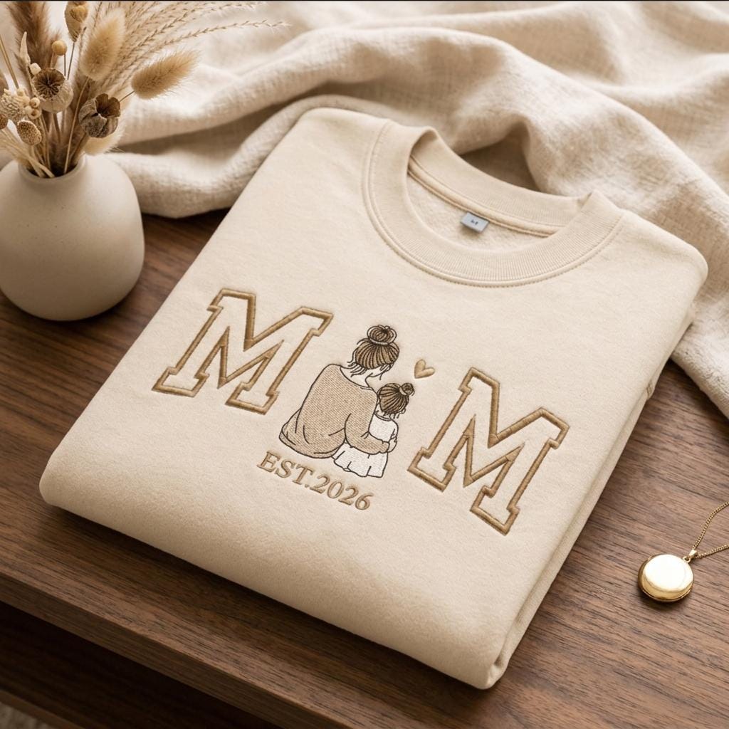Personalized Mom Embroidered Sweatshirt, Custom Photo Crewneck, Mama Portrait Embroidery Shirt, Varsity Mom Sweatshirt, Mother's Day Gift