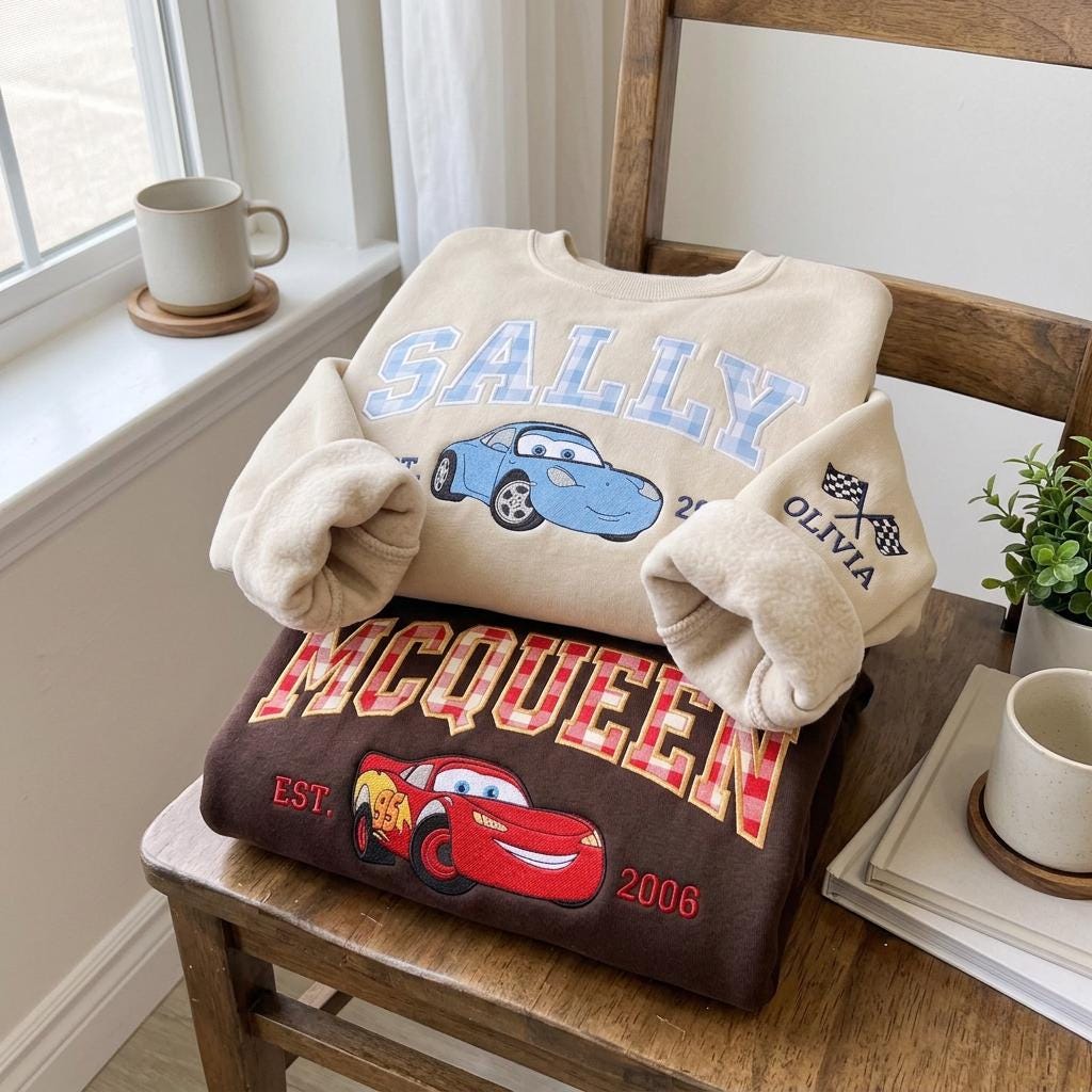 Cartoon Couple Car Embroidered Sweatshirt, Magical Land Couple Crewneck, Embroidered Couple Crewneck, Couple Valentine, Anniversary Gift
