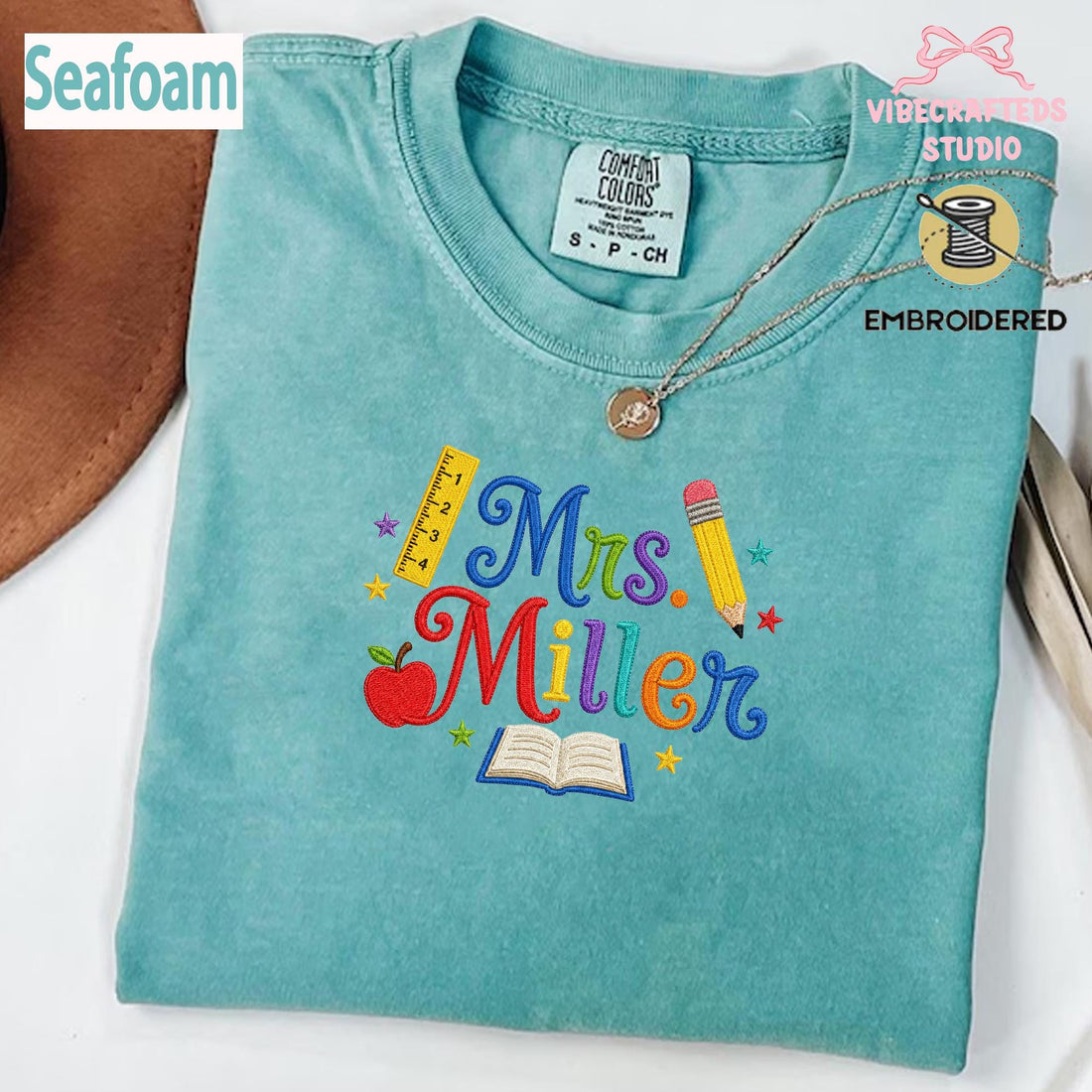 Custom Embroidered Teacher Shirt, Personalized Mrs Ms Name Sweatshirt, Colorful Thread Comfort Colors T-shirt , Back to School Teacher Gift