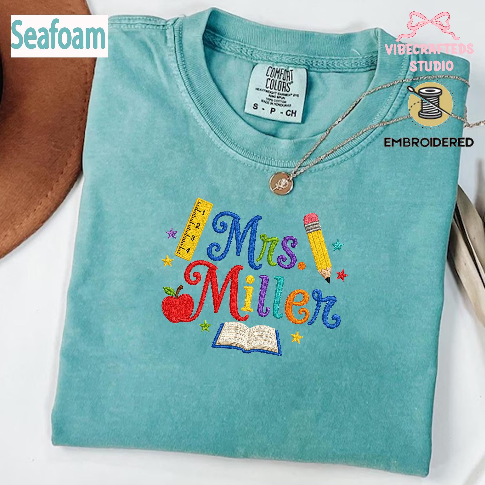 Custom Embroidered Teacher Shirt, Personalized Mrs Ms Name Sweatshirt, Colorful Thread Comfort Colors T-shirt , Back to School Teacher Gift