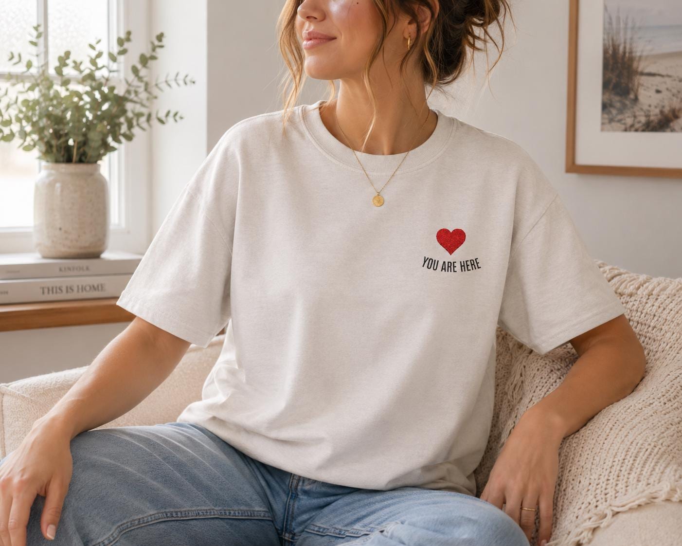 You Are Here Embroidered Sweatshirt, Hoodie or T-Shirt | Minimal Heart Embroidery | Matching Couples Gift | Cozy Unisex Apparel
