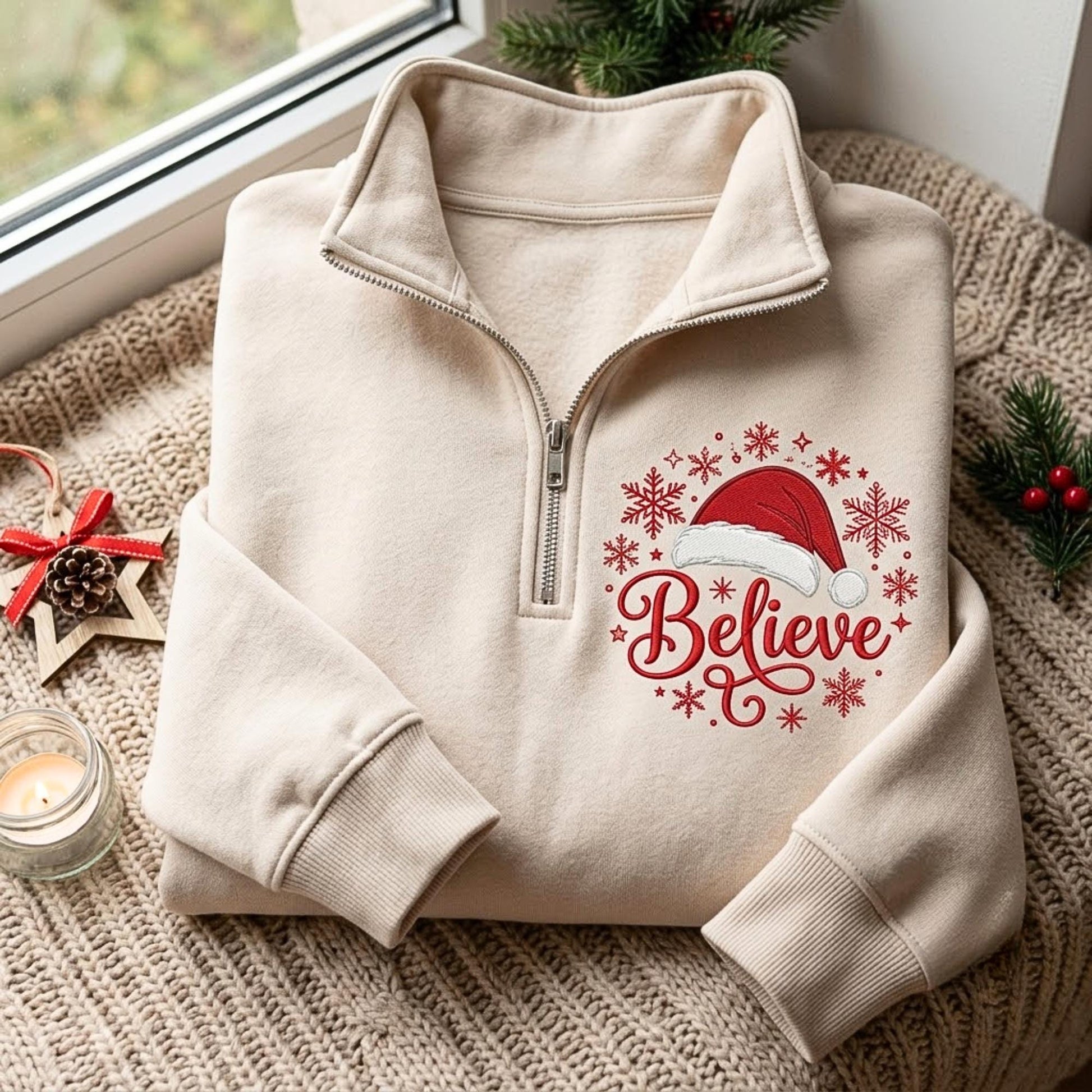 Embroidered Believe Christmas Quarter Zip Sweatshirt, Festive Holiday Apparel