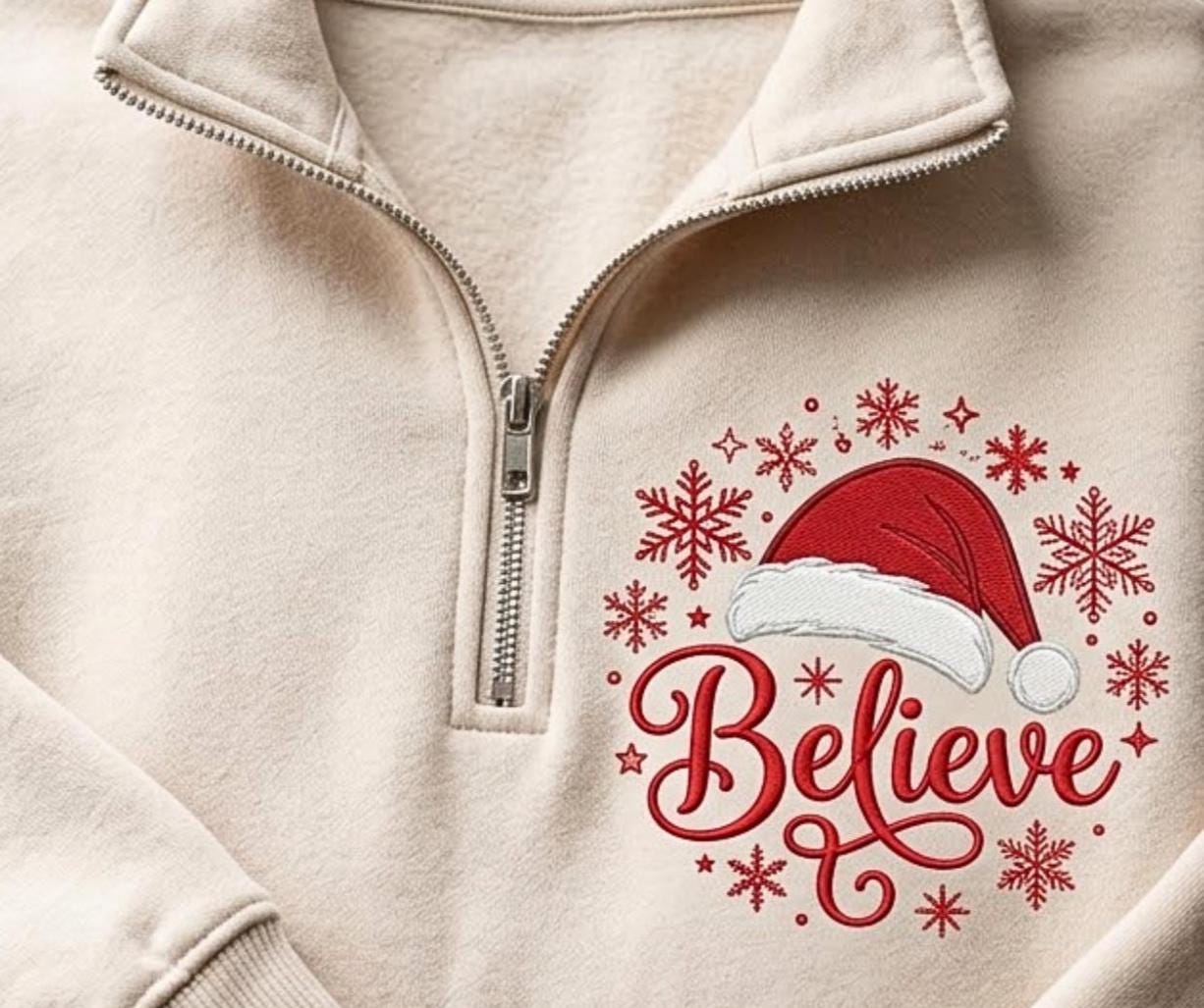 Embroidered Believe Christmas Quarter Zip Sweatshirt, Festive Holiday Apparel