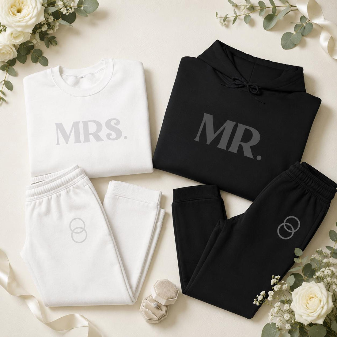 Personalized Mr Mrs Sweatshirt Couple Hoodie Set Matching Joggers Wedding Gift Bridal Shower Gift Honeymoon Embroidered Couple Sweatshirts