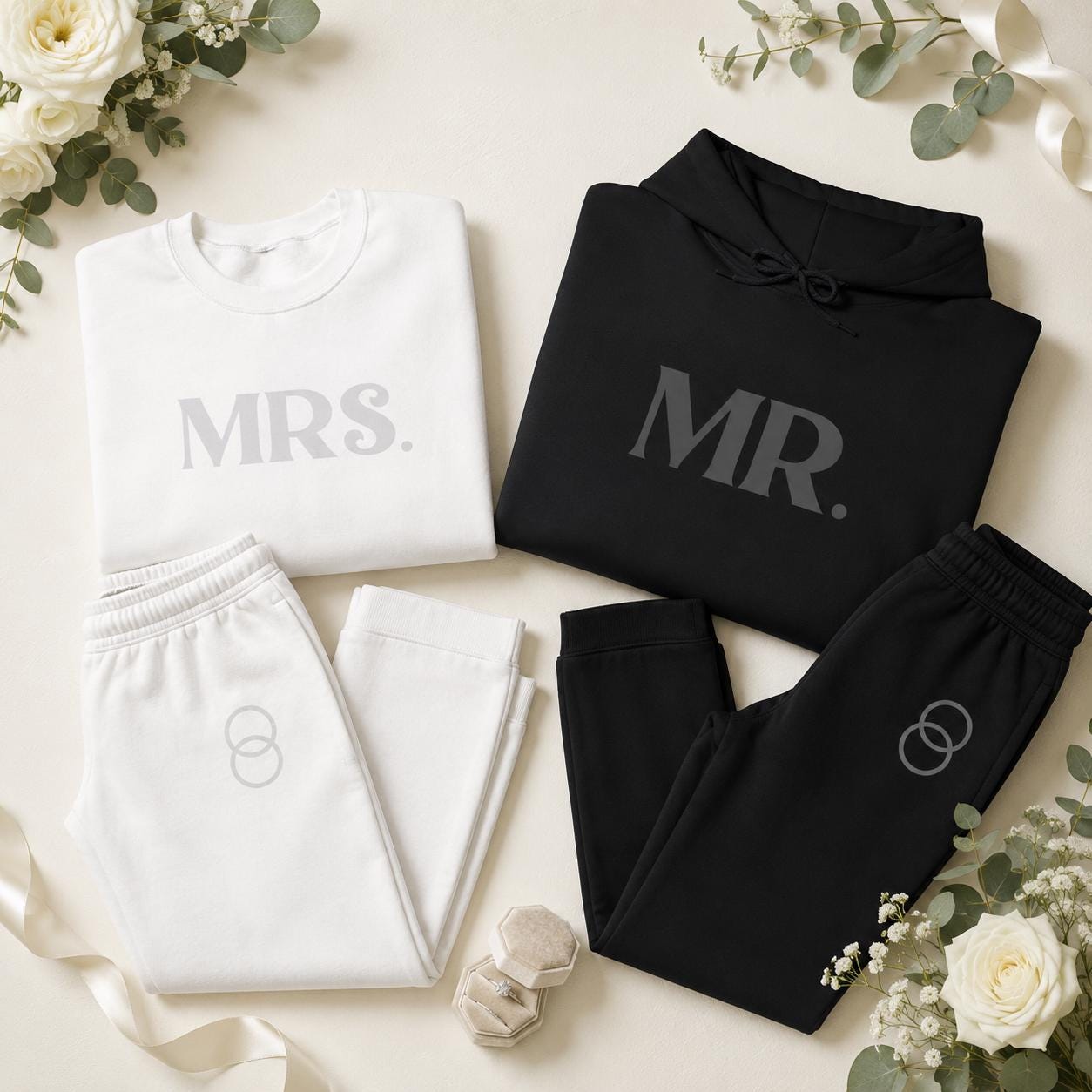 Personalized Mr Mrs Sweatshirt Couple Hoodie Set Matching Joggers Wedding Gift Bridal Shower Gift Honeymoon Embroidered Couple Sweatshirts