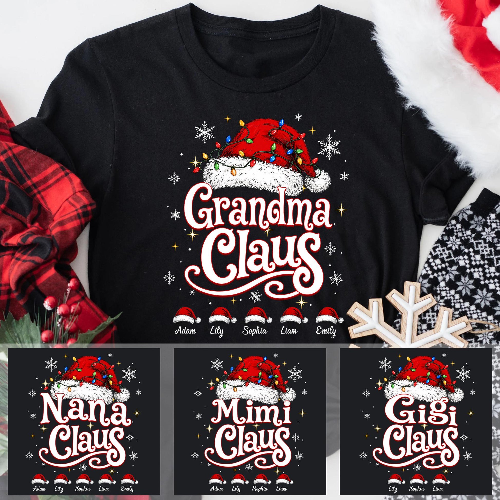 Personalized Grandma Claus Shirt, Festive Nana Mimi Holiday Squad Family Christmas Gift Tee